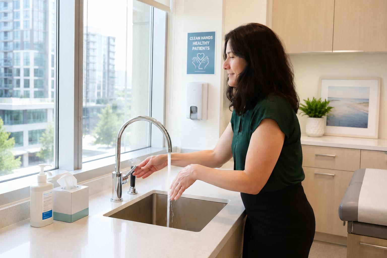 Dr. Channing washing hands in the exam room