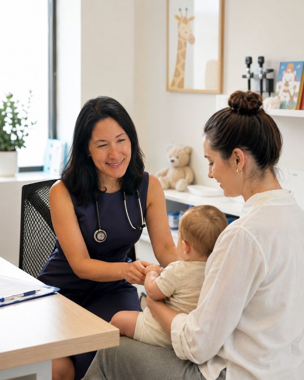 Pediatric cardiologist Dr. Alexandra Channing consulting with a parent and child in her office